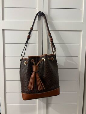 Dooney & Bourke Ostrich Brown Bucket Shoulder Bag with Tassel